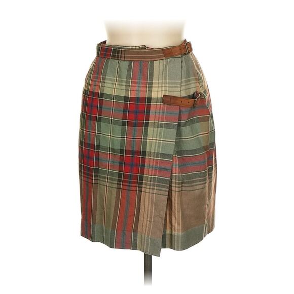 VTG Ralph Lauren Tartan Plaid Wrap Skirt Leather Buckle Wool Khaki Green Red 6 - Picture 1 of 4